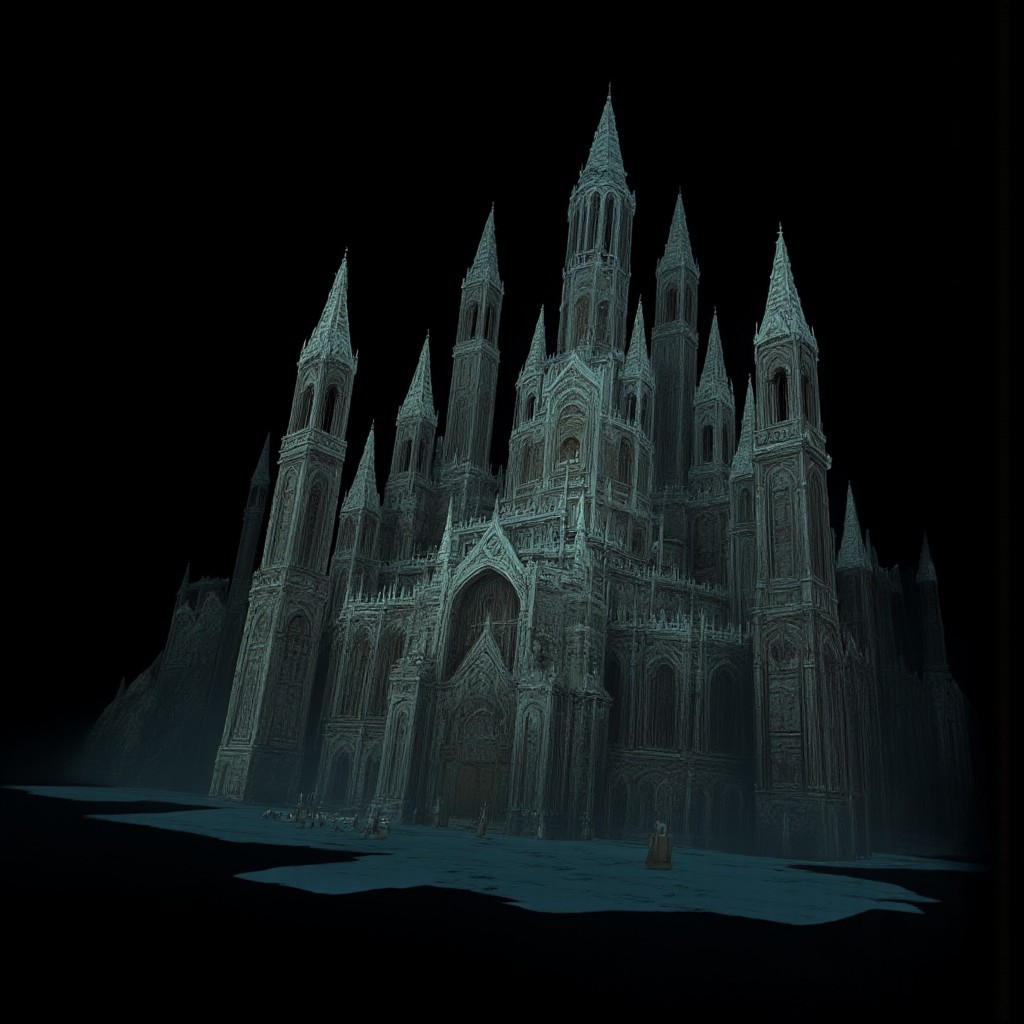 A Medieval castle with elderscrolls inspired aestetics and legend of zelda
Set against a solid dark black color background to emphasize its unsettling unnatural form that emphasizes its silhouette. The medium is not a traditional painting or illustrative medium like watercolor or ink but rather a digital 3D rendering.
MikeFranchinastyle, d4artstyle, d4concept, , bbstyle,, horror theme,, zbrush, ZBClay model of a gray sculpture, 1990's, 1990's style