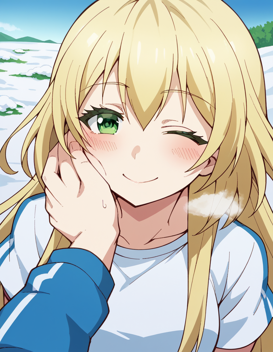 score_9, score_8_up, score_7_up, source_anime, <lora:yuki-nozaki-s1-ponyxl-lora-nochekaiser:1>, yuki nozaki, long hair, blonde hair, hair between eyes, green eyes, sidelocks,, shirt, pants, t-shirt, sportswear, track pants,, snow day, winter clothes, snowball fight, laughter, cold breath, white landscape, smile, <lora:guided-hand-on-cheek-ponyxl-lora-nochekaiser:1>, guided hand on cheek, hand grab, hand on another's cheek, hand on another's face, looking at viewer, pov, pov hands, smile, blush, one eye closed, caress, caressing cheek, looking at viewer, solo,, dutch angle, cowboy shot