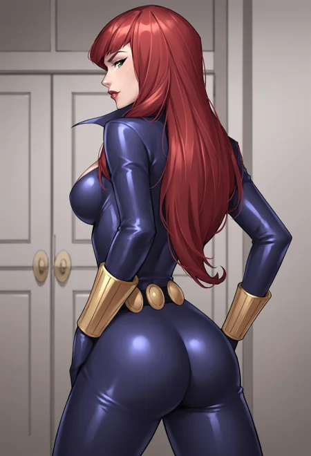 safe_pos, PonyScores6 BREAK (((style parody)), perfect anatomy, perfect eyes, cowboy shot, from behind), BREAK natasha romanoff, red hair, long hair, bangs, green eyes, lipstick, raised eyebrow, flirting, sultry eyes, ((looking back at viewer)), cleavage, bodysuit, gloves, belt, large breasts, curvy, toned, athletic, sexually suggestive pose, standing, arched back, hands on hip, indoors