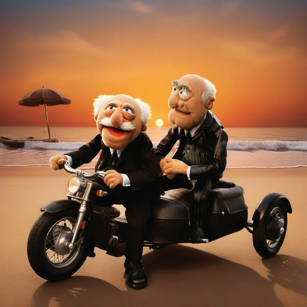 full body portrait of 2 old bald muppets, one with mustache, black leather jacket, riding harley davidson sidecar, beach, sunset <lora:StatlerWaldorf1024-000120:0.9>