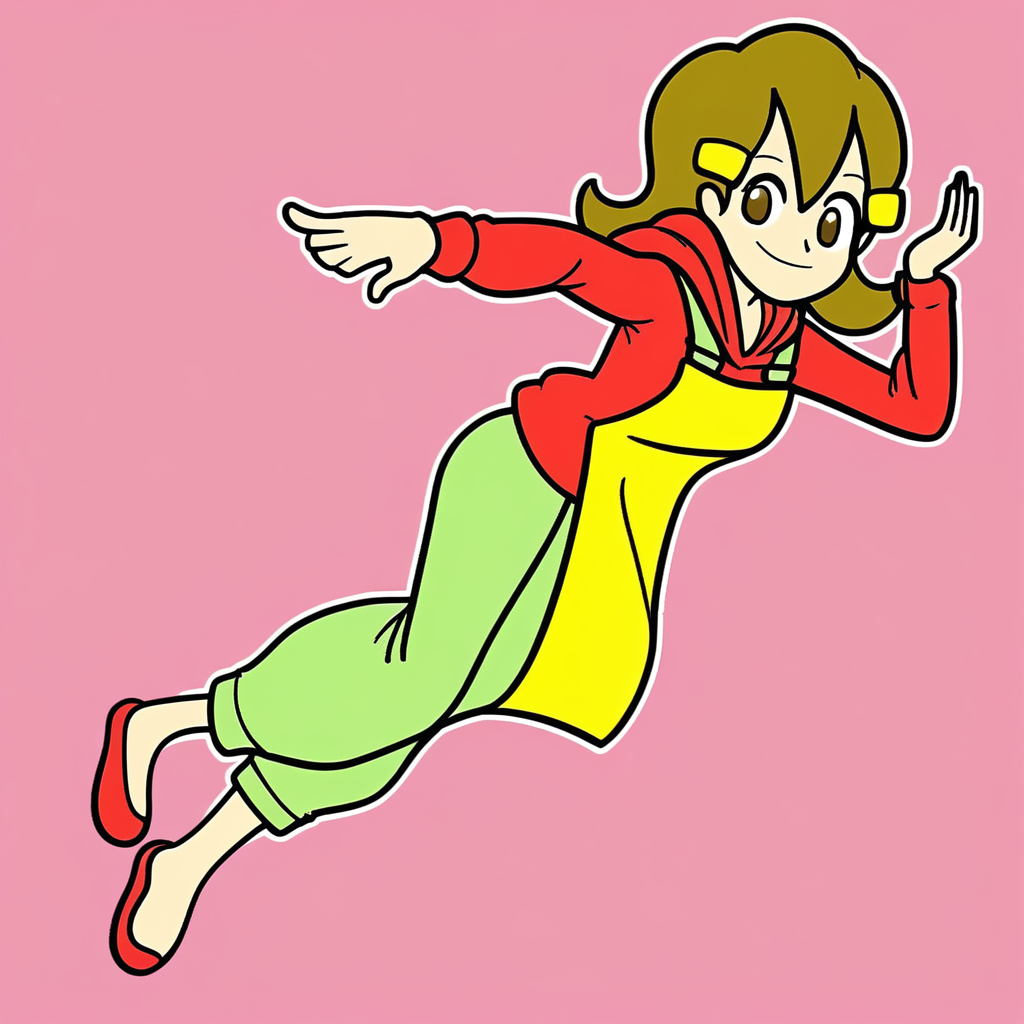 1girl, human, 5-volt, brown hair, red hoodie, yellow apron, green pants, red slippers