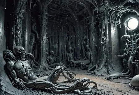 birthing room, cold, destitute, highly detailed, abandoned factory, enormous, metallic walls echo with the haunting hum of machinery long silenced, nightmares of cosmic gods, elongated limbs write with pulsating veins, translucent skin pulled tight over skull, cryogenic eggs laqurered in obsidian, network of luminescent tendrils, eyes multifaceted, unblinking, conveyor belt snakes through as eggs the size of a small car, are pushed out, gigantic, slick shiny black and grey, epic, collosus, megalomania, a grotesque nasty nightmarish queen, ventilator, forced to birth, giving birth to hundreds of grotesque beings, drones, scuttering, epic, mass of flesh, transparent eggs, veiny membrane, two scientists taking observing, taking note, tentacles, transparent slime, breathing tubes, skip clip:773, energy leech, tiny scientists are observing taking notes, latched on eggs with embryo, style of H. R. Giger,
Highly detailed. FRESHIDEAS Sci-fi scenes, realistic, obscene, unappealing, hellish, gross, vats of flesh bubbling, unimaginable, scary, disgusted, cosmic horror, neonnightmare, crying, melting, giant skeletal skulls ofalien origin embedded in the rock face, metalic, cold, religious horror, color graded cinematic, eye catchlights, atmospheric lighting, macro shot, skin pores, imperfections