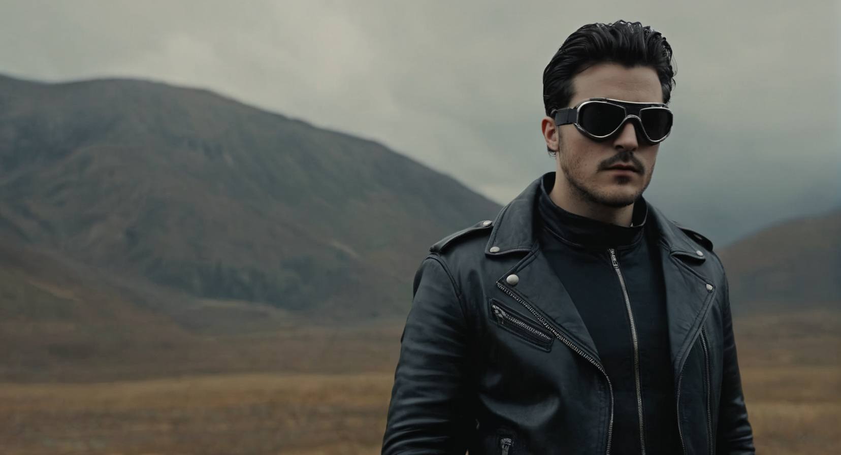 Dark Fantasy Art of (Cinematic Film stock footage style) in (arri alexa style) (Kodak film print style), 
 <lora:Hyperrealism-000003:1>
1 man wearing a black leather jacket and goggles Hyperrealism Style, dark, moody, dark fantasy style