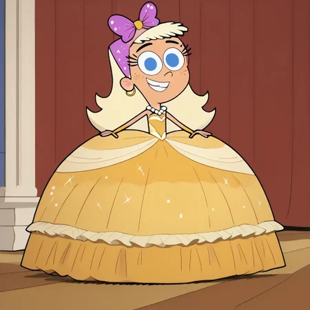score_9, score_8, score_7, BREAK, chloe_fop, long hair, blonde hair, blue eyes, freckles, hair bow, cute, Very long large straight sparkling tulle yellow princess ball gown hoop skirt, ball gown hoop skirt, yellow princess dress, hoopdress, my big sparkly gypsy wedding dress, ballgown, She is wearing long elbow length yellow fingerless bridal gloves, white pearl necklace, a girl in a big wide poofy floor length posing for a picture, wearing a sleeveless ballgown, looking at viewer and smiling, standing, smiling, full body, looking at viewer