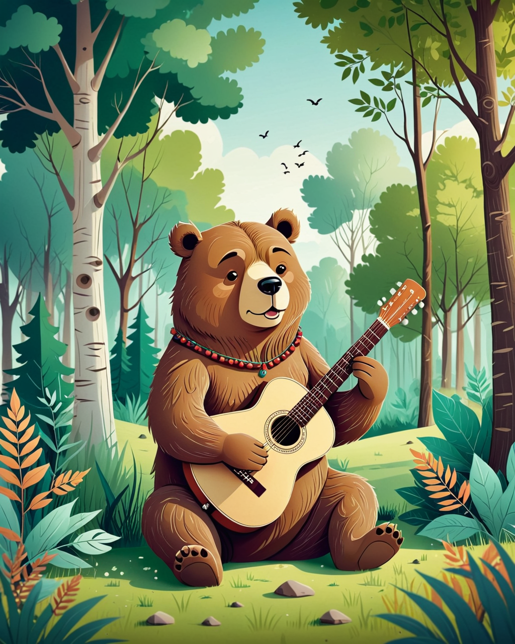 line art drawing  . professional, sleek, modern, minimalist, graphic, line art, vector graphicsholding, sitting, closed_mouth, outdoors, day, artist_name, tree, no_humans, animal, leaf, watermark, grass, instrument, nature, forest, music, guitar, playing_instrument, holding_instrument, bear, foliage,2d vector,