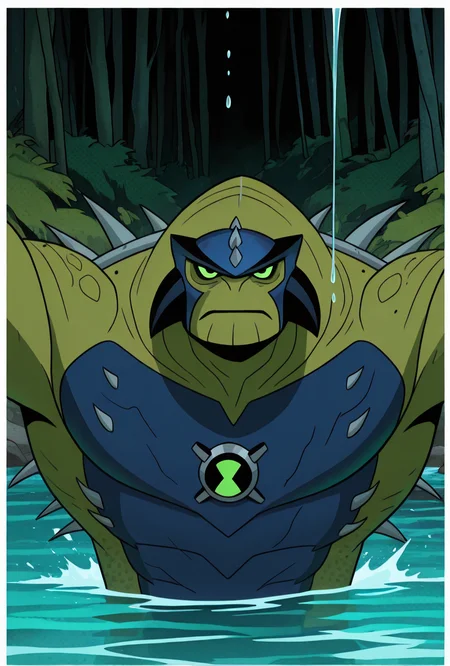 <lora:ulthum-09:1> ulthum, spikes, solo, no humans, green eyes, green skin,, , 1boy, , blue helmet  , dynamic pose, cinematic,  <lora:primal-guy90-Illust-Lycorisv1:1> lamirp, forest, river, coming out of water, water dripping,, masterpiece, best quality, amazing quality, very aesthetic, absurdres, newest,, upper body, halftone effect, white borders, abstract background:1.2,