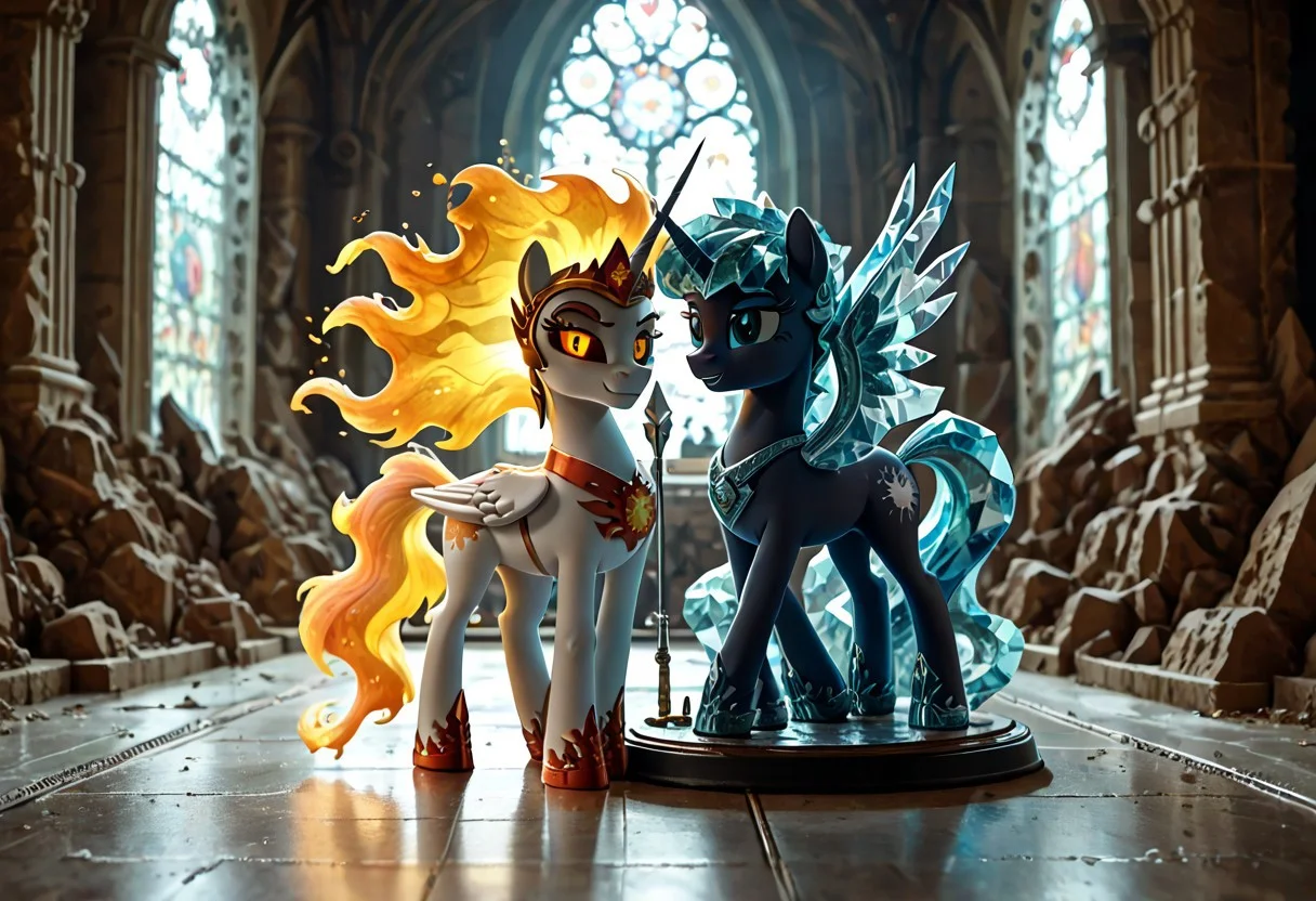 score_9, score_8_up, score_7_up, score_6_up, score_5_up, score_4_up, The dark side of Celestia, Daybreaker, alicorn pony, g5, rich colors, crystal castle, Crystal Empire, crystal heart in the center of the square, pony statue, aroused, front view, detailed background, pony, detailed, 8k quality, side view, beautiful, teasing, instruments and tools, leaned to the floor, free actions, masterpiece, best quality,