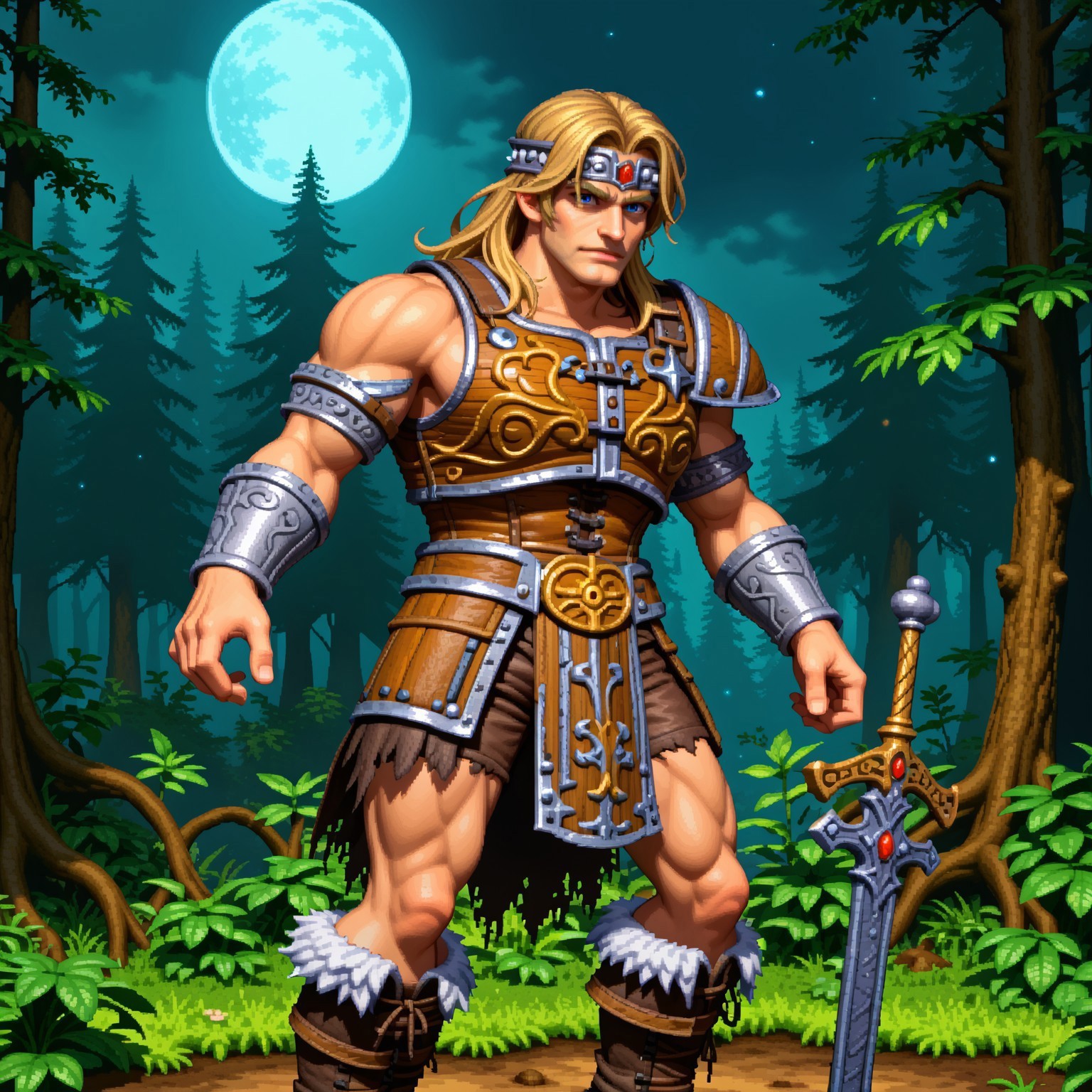 score_9, score_8_up, score_7_up, score_6_up, score_5_up, score_4_up,, dkcstyle,, pixel art,, simonbel, simon belmont, leather armor, jeweled headband, stylized brown breastplate, leather shorts, stylized loincloth, single pauldron, metal wristbands, shoulder length blonde hair, fur lined boots, leather tassets, dark forest background, night time, spooky forest background, (((((barehanded)))), (((((no weapons)))))