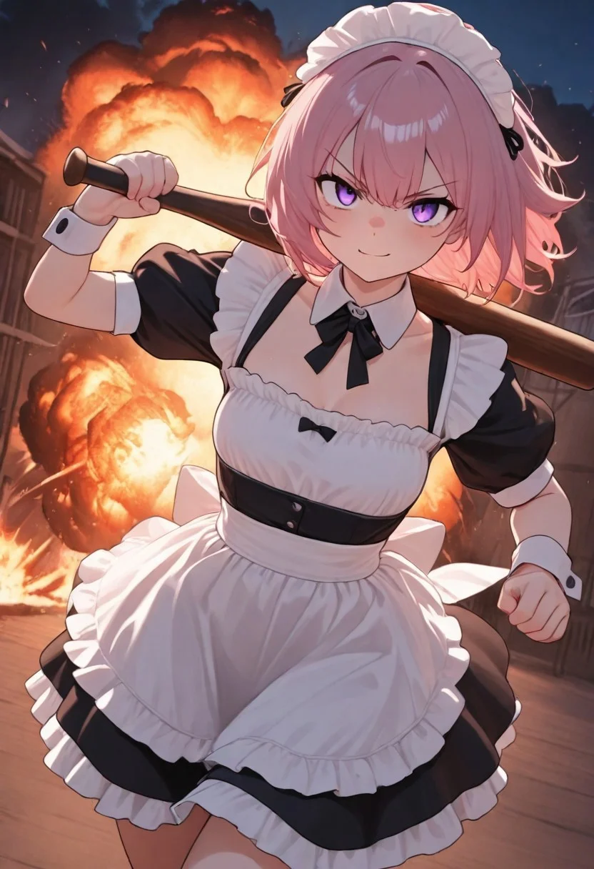 masterpiece,best quality,amazing quality, 1girl, CivChan, middle hair, pink hair, purple eyes, maid dress, cleavage, standing looking sweet, coy, holding a wooden baseball bat over her shoulder, smiling sweetly, dark background, server room, servers with blue lights, fighting stance, making fists, looking at viewer, outdoors, night, cowboy shot, collarbone, serious face, dutch angle, explosion,