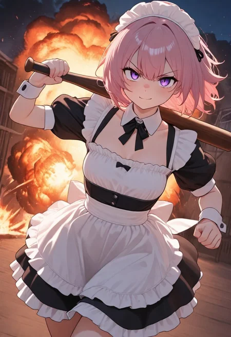 masterpiece,best quality,amazing quality, 1girl, CivChan, middle hair, pink hair, purple eyes, maid dress, cleavage, standing looking sweet, coy, holding a wooden baseball bat over her shoulder, smiling sweetly, dark background, server room, servers with blue lights, fighting stance, making fists, looking at viewer, outdoors, night, cowboy shot, collarbone, serious face, dutch angle, explosion,