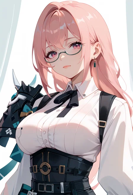 score_9_up,score_8_up,score_7_up,<lora:liu v2.0_pony-000036:1>,
Z_YCL,1girl,pink hair,solo,glasses,large breasts,looking at viewer,black gloves,pink eyes,white shirt,semi-rimless eyewear,black ribbon,ribbon,collared shirt,upper body,long sleeves,closed mouth,shoulder armor