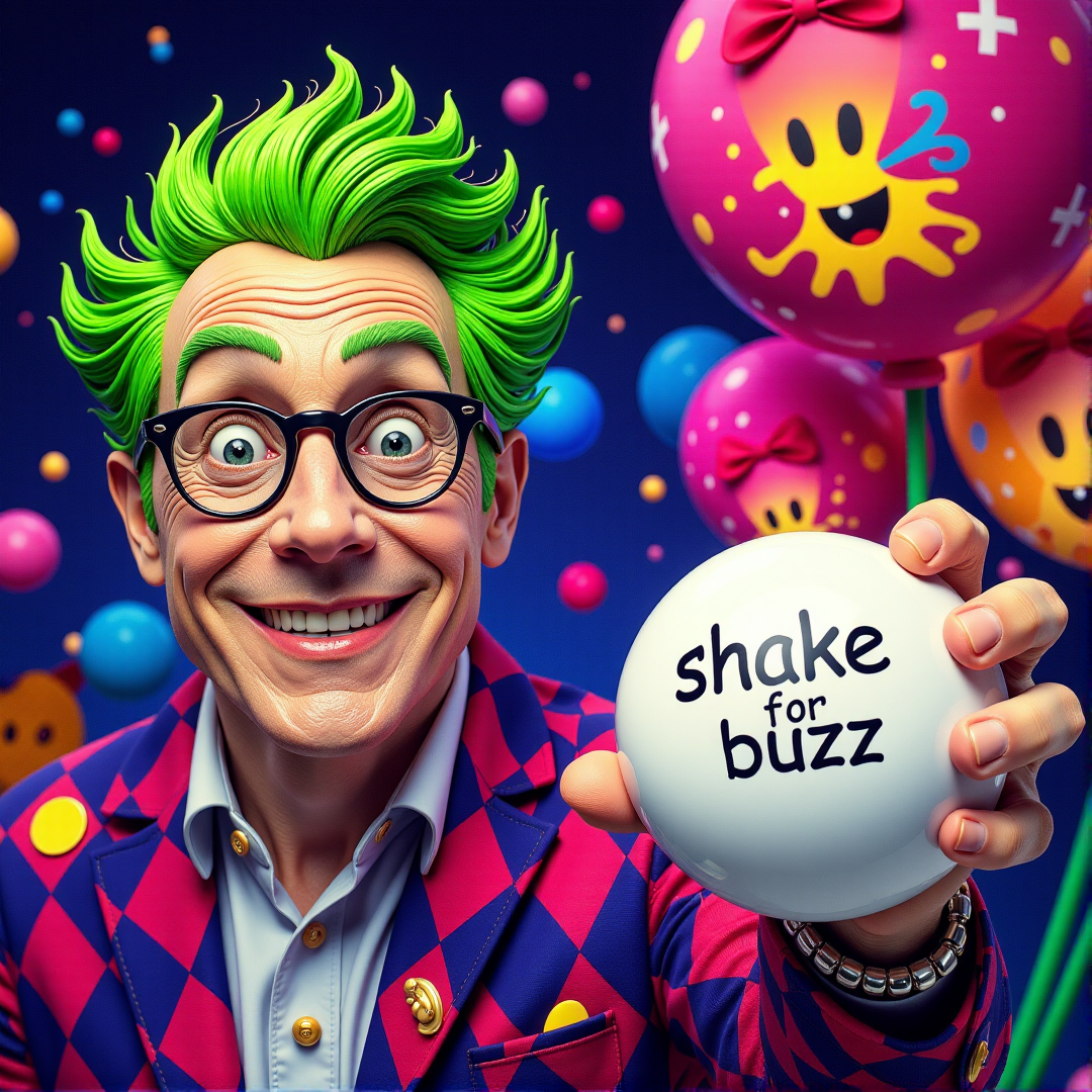 A hyper manic person holding a magic 8 ball with the message "shake for buzz" clearly visible on the screen, in a whimsical and fantastical setting, vibrant colors, high detail, realistic style. <lora:aidmaMJ6.1v0.4:0.5>