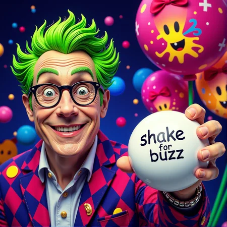 A hyper manic person holding a magic 8 ball with the message "shake for buzz" clearly visible on the screen, in a whimsical and fantastical setting, vibrant colors, high detail, realistic style. <lora:aidmaMJ6.1v0.4:0.5>