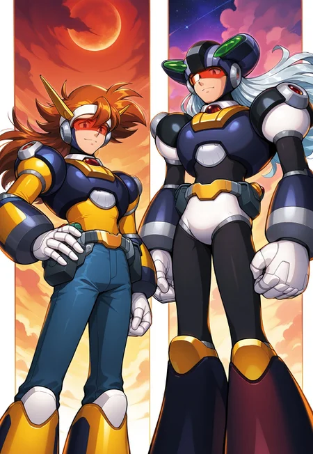 masterpiece, best quality, amazing quality, very aesthetic, absurdres, newest, multfx, colored shading, colorful shading, dynamox5, arthuffl3, toned male, male focus, multicolor armor, android, narrow boots, tall, toned male, black bodysuit, white metal briefs, belt, white gloves, yellow boot markings, silver accents, translucent visor, red visor, brown-orange hair, long white headband, blue shoulder pads, white breastplate, yellow shirt, sleeves rolled up, blue jeans, belt with holster, red fingerless gloves, red boots