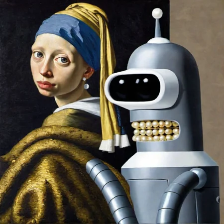 the benderbot girl with a pearl earring by johannes vermeer <lora:SDXL-benderbot-Lora:1.0>, very detailed, clean, high quality, sharp image