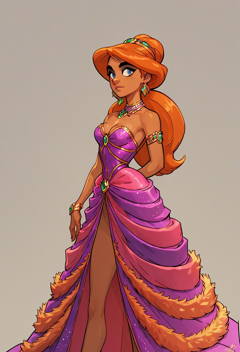 score_9, score_8_up, score_7_up, score_6_up, score_5_up, score_4_up, solo, PTAzalea,blue eyes,dark skin, makeup,long hair,orange hair,fancy dress, jewellery,fancy hair