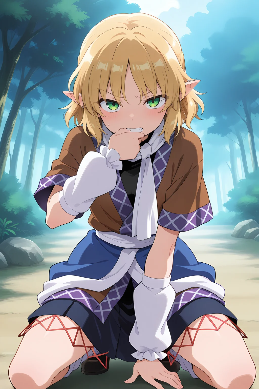 absurdres, highres, masterpiece, best quality, amazing quality, official anime artwork, screencap, anime screencap, outdoors, looking at viewer, dynamic pose,  
<lora:Parsee-Mizuhashi_Illustrious:1> mizuhashi parsee, 1girl, solo, green eyes, blonde hair, short hair, pointy ears,, brown shirt, short sleeves, white scarf, blue skirt, white arm warmers,jealous, hand in mouth, teeth,