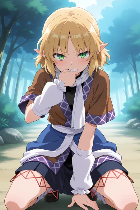 absurdres, highres, masterpiece, best quality, amazing quality, official anime artwork, screencap, anime screencap, outdoors, looking at viewer, dynamic pose,  
<lora:Parsee-Mizuhashi_Illustrious:1> mizuhashi parsee, 1girl, solo, green eyes, blonde hair, short hair, pointy ears,, brown shirt, short sleeves, white scarf, blue skirt, white arm warmers,jealous, hand in mouth, teeth,