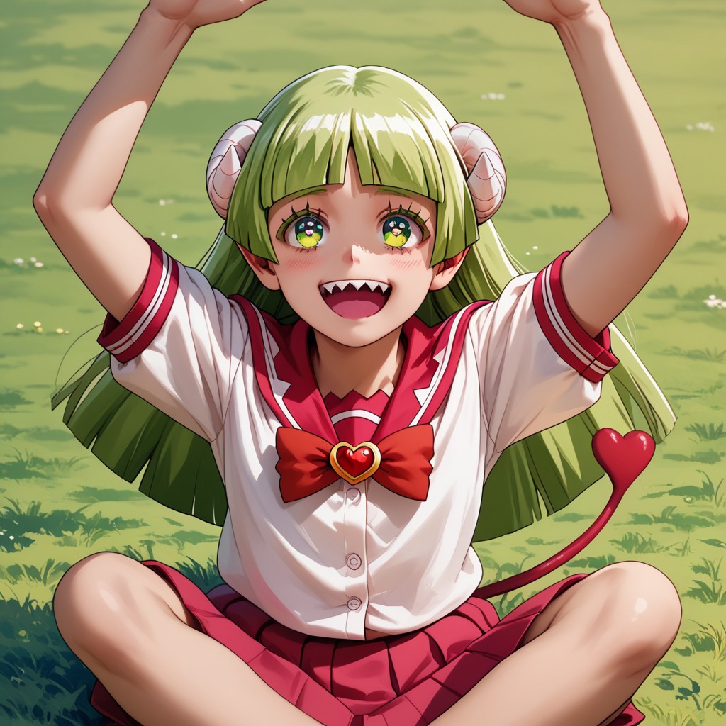 score_9, score_8_up, score_7_up, score_6_up, score_5_up, score_4_up, Cl_araV, School uniform, Sharp teeth, Horns, heart tail, happy, green hair, sitting on the ground, barefoot, looking up at viewer, unbuttoned shirt, exposed shoulders, solo, hands above head