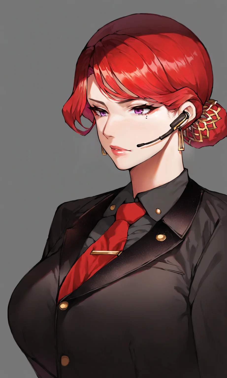 score_9, score_8_up, score_7_up, score_6_up, score_5_up, score_4_up, source_anime, rating_safe, hongoutfit, mature female, hongoutfit, 1girl, solo, breasts, large breasts, hair bun, single hair bun, upper body, lips, short hair, makeup, grey background, simple background, black jacket, jacket, collared shirt, grey shirt, shirt, necktie, red necktie, bangs, purple eyes, swept bangs, earrings, jewelry, mole, mole under eye, red hair, hair ornament, earpiece <lora:hongpony-000012:1>