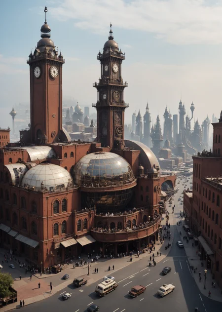 depicting a sprawling, fantastical cityscape with a steampunk aesthetic. The layout is a wide panoramic view showcasing a dense array of intricately designed buildings with pointed spires, domes, and elaborate architectural details. The structures are predominantly dark with hints of blue and bronze, creating a moody atmosphere. In the sky, several airships float among the clouds, adding to the steampunk theme. The city is bathed in a soft, diffused light, suggesting either dawn or dusk, with a warm glow emanating from windows and streetlights. Smoke rises from chimneys, contributing to the industrial feel. The foreground features a large, ornate dome with intricate patterns, while the background reveals a vast city stretching into the distance, with towering buildings silhouetted against the sky. The overall scene is rich in detail, evoking a sense of wonder and adventure.<lora:lora\zavy-cntrst-sdxl.safetensors:1.0:1.0><lora:lora\xl_more_art-full_v1.safetensors:1.0:1.0><lora:lora\Add_more_details_V2_XLpony.safetensors:1.0:1.0><lora:lora\sdxl_enhance.safetensors:1.0:1.0>