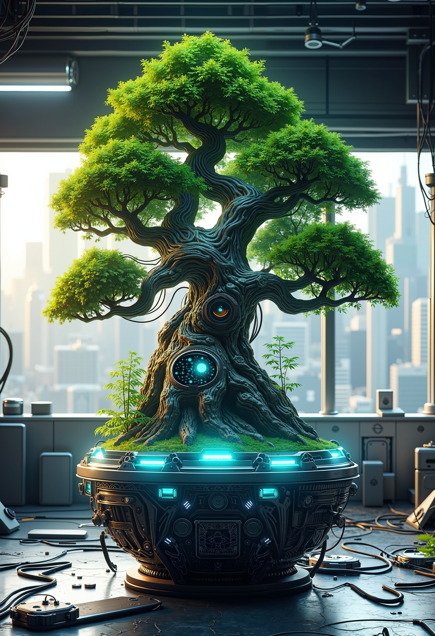 Ultra High Resolution artwork of a cybernetic bonsai tree blending nature and technology, its organic branches intertwined with complex circuitry and metal components. The tree's lush green foliage contrasts with its metallic, robotic trunk, rooted into a futuristic base with glowing cyan lights and exposed wires. Set in a high-tech laboratory with sleek metallic walls and large windows showcasing a blurred cityscape in the background, the bonsai embodies the harmony of life and machine. The scene features intricate details, with soft natural light streaming in, highlighting the organic textures of the leaves against the sleek, cold metal. The colors are a blend of natural greens, metallic grays, and neon blues, enhancing the nature-cyberpunk aesthetic. bo-naturepunk, naturecyberpunk, greenpunk.<lora:FLUX Naturepunk\bo-naturepunk-000012.safetensors:1.0:1.0>
