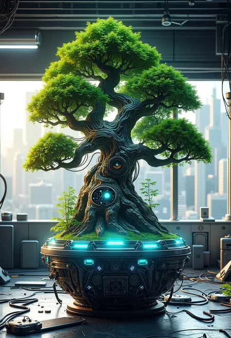 Ultra High Resolution artwork of a cybernetic bonsai tree blending nature and technology, its organic branches intertwined with complex circuitry and metal components. The tree's lush green foliage contrasts with its metallic, robotic trunk, rooted into a futuristic base with glowing cyan lights and exposed wires. Set in a high-tech laboratory with sleek metallic walls and large windows showcasing a blurred cityscape in the background, the bonsai embodies the harmony of life and machine. The scene features intricate details, with soft natural light streaming in, highlighting the organic textures of the leaves against the sleek, cold metal. The colors are a blend of natural greens, metallic grays, and neon blues, enhancing the nature-cyberpunk aesthetic. bo-naturepunk, naturecyberpunk, greenpunk.<lora:FLUX Naturepunk\bo-naturepunk-000012.safetensors:1.0:1.0>