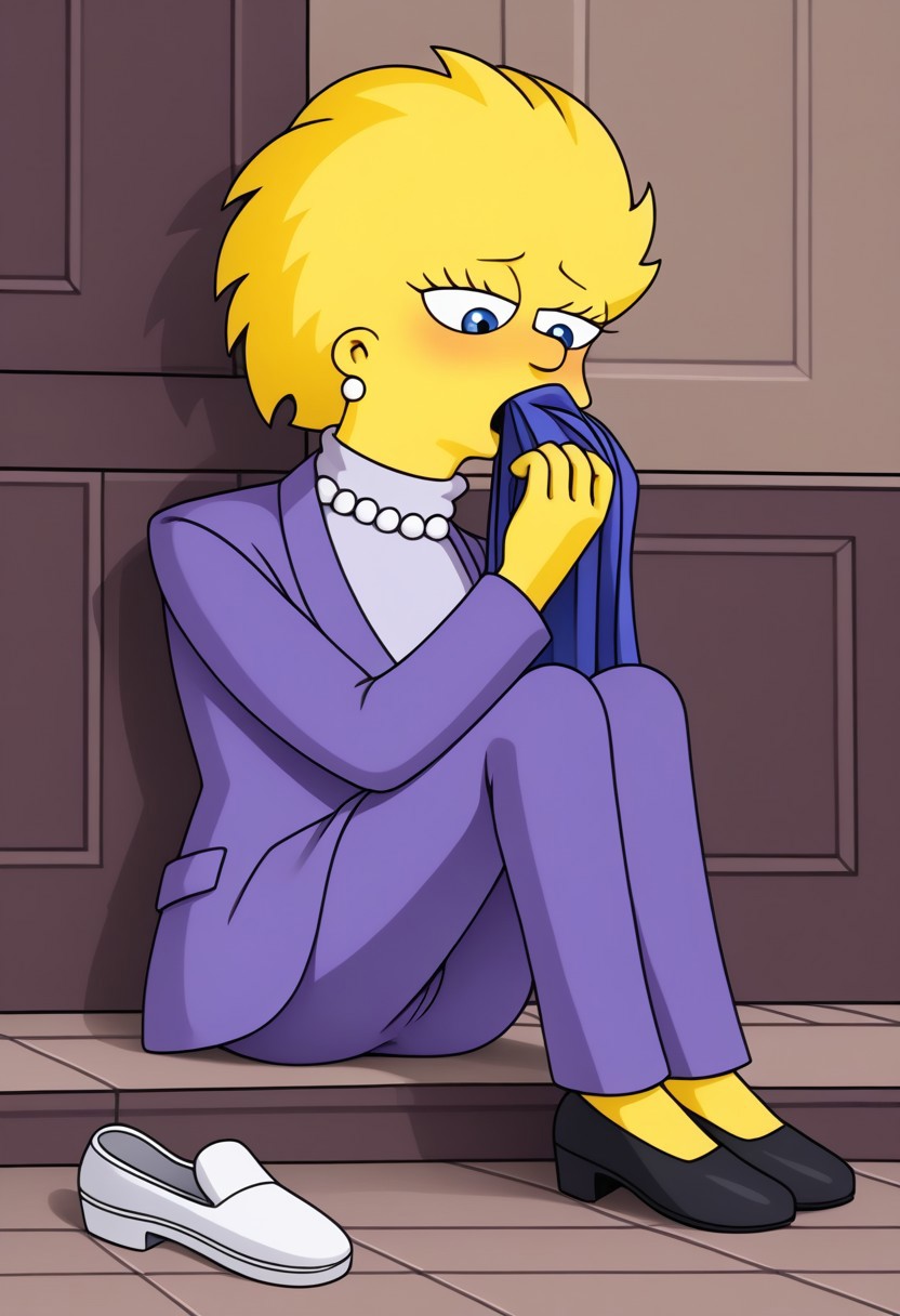 masterpiece, best quality, newest, absurdres, highres, high quality, highly detailed, Alisasimpson, blue eyes, yellow skin, spiky hair, yellow hair, pearl necklace, white earrings, formal, purple suit, light blue colored sweater with turtleneck under suit, violet pants, black shoes, pants down, smelling masturbation, female masturbation, smelling clothes