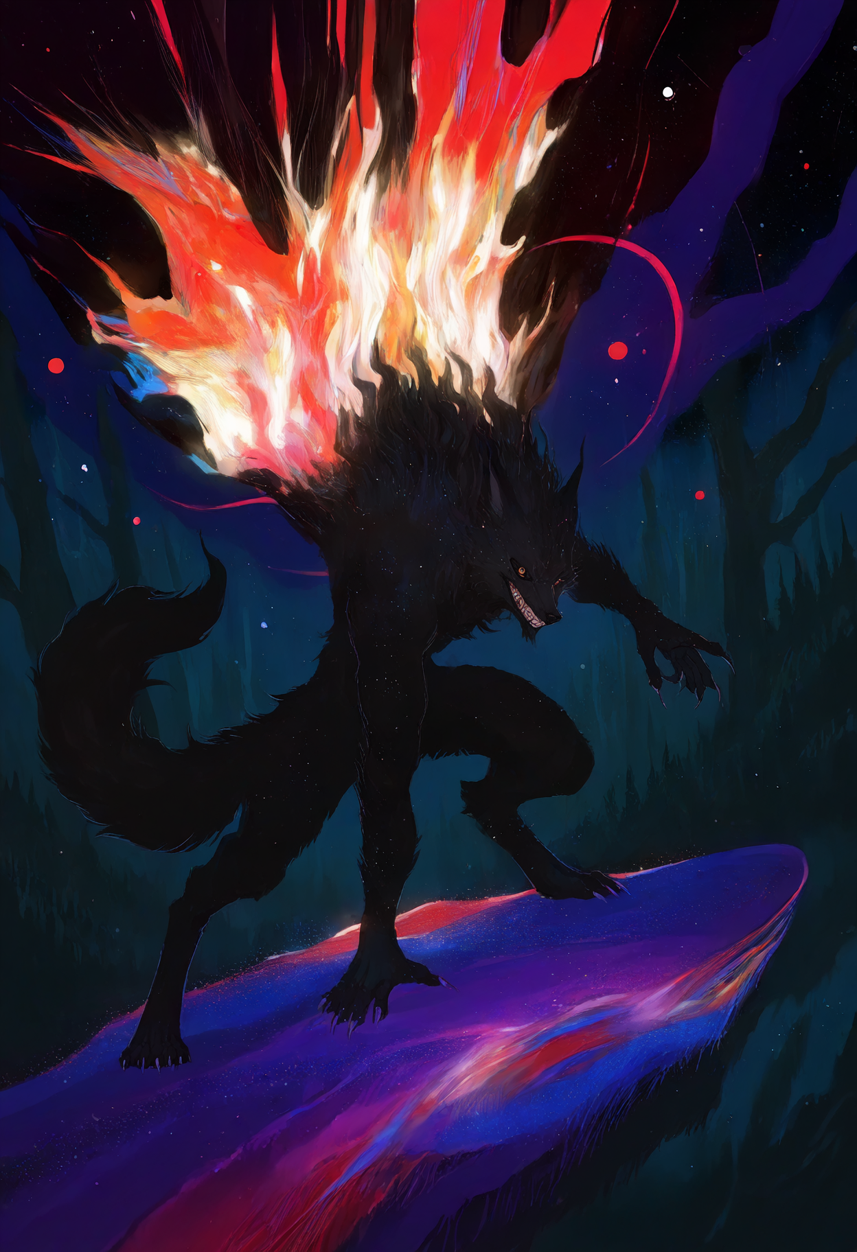 male, solo, anthro, digitigrade, (fur), fluffy fur, canine,  5 fingers, claws, pose,  black fur, claws, teeth, smile, looking at viewer, pose, outside, forest, brown eyes,  sparkle, space, BREAK masterpiece, best quality, newest,  high quality, very aesthetic, very awa,   wrs4ndtr33s, abstract, colorful,    <lora:WiresAndTrees style:1>