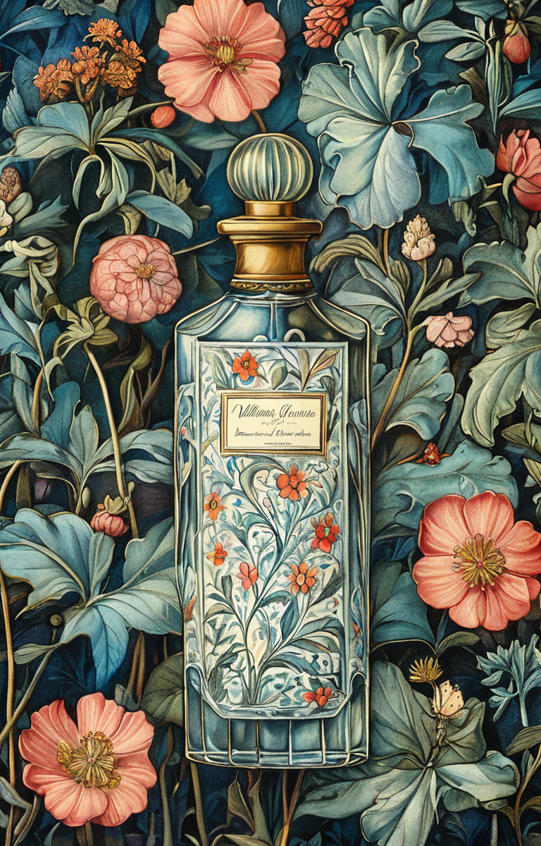 masterpiece,best quality,<lora:tbh192-sdxl:0.9>,illustration,style of William Morris A bottle of perfume in garden