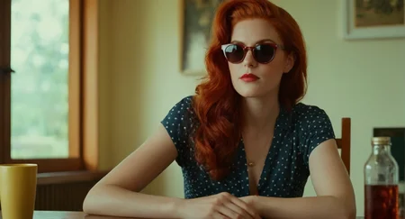 cinematic film still of  <lora:Retro:1> Grainy Cinematic Film stock footage in (arri alexa style) Kodak film print, a woman with red hair and sunglasses sitting at a table retro style, shallow depth of field, vignette, highly detailed, high budget, bokeh, cinemascope, moody, epic, gorgeous, film grain, grainy