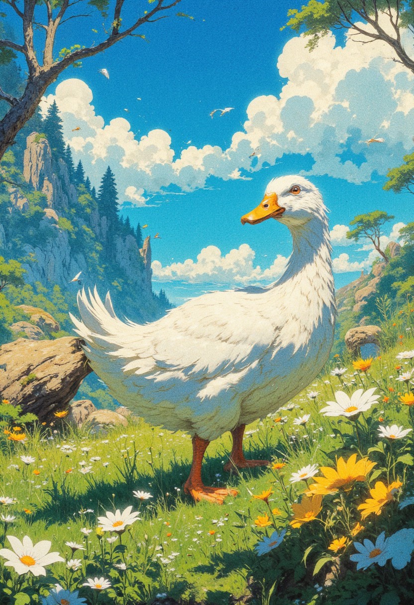 (soft bloom)
A majestic white duck walking gracefully through a lush green savannah under a bright blue sky with fluffy white clouds. A Vast lake where animals come to gather to drink in the savannah. The scene is vibrant and full of life, with sunlight casting warm highlights on the duck's feathers and creating dynamic shadows in the grass. The environment is rich in detail, featuring soft wind-blown grass, delicate flowers in the foreground, and tall trees in the background. The style blends anime aesthetics with a semi-realistic approach, emphasizing clean lines, vivid colors, and a harmonious composition. Cinematic lighting enhances the sense of movement and grandeur