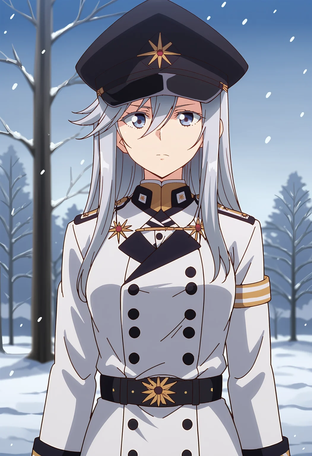 EBLena, 1girl, solo, long hair, blue eyes, long sleeves, hat, hair between eyes, closed mouth, standing, grey hair, sidelocks, outdoors, sky, belt, blurry, uniform, tree, coat, grey eyes, military, black headwear, military uniform, peaked cap, snow, black belt, military hat, snowing, white coat, looking at viewer, upper body,
<lora:VladilenaMilize-09:0.9>, <lora:xl_more_art-full_v1:0.8>
