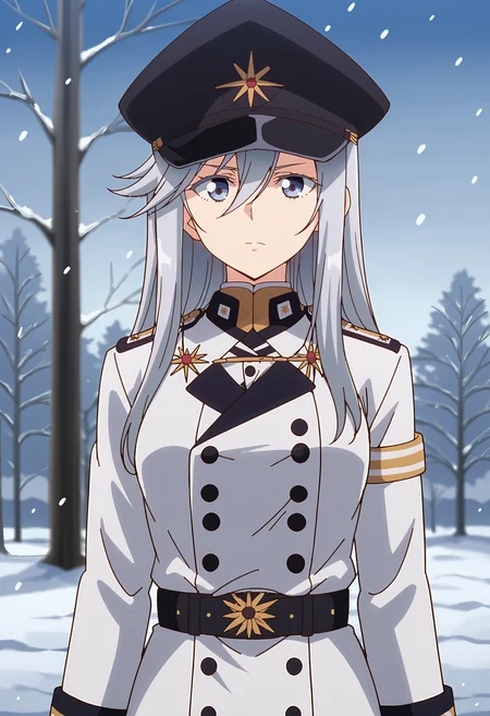 EBLena, 1girl, solo, long hair, blue eyes, long sleeves, hat, hair between eyes, closed mouth, standing, grey hair, sidelocks, outdoors, sky, belt, blurry, uniform, tree, coat, grey eyes, military, black headwear, military uniform, peaked cap, snow, black belt, military hat, snowing, white coat, looking at viewer, upper body, 
 <lora:VladilenaMilize-09:0.9>, <lora:xl_more_art-full_v1:0.8>