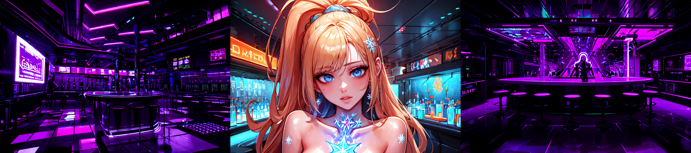 highly insanely detailed, masterpiece, top quality, best quality, highres, 4k, 8k, RAW photo, (very aesthetic, beautiful and aesthetic), 
__lazy-wildcards/subject/env-bg-interior/cyberpunk_club/prompts__, 
<lora:Cyberpunk_Club:0.5>, 
(1girl:1.3), 1other, 
__lazy-wildcards/dataset/background__,âââ