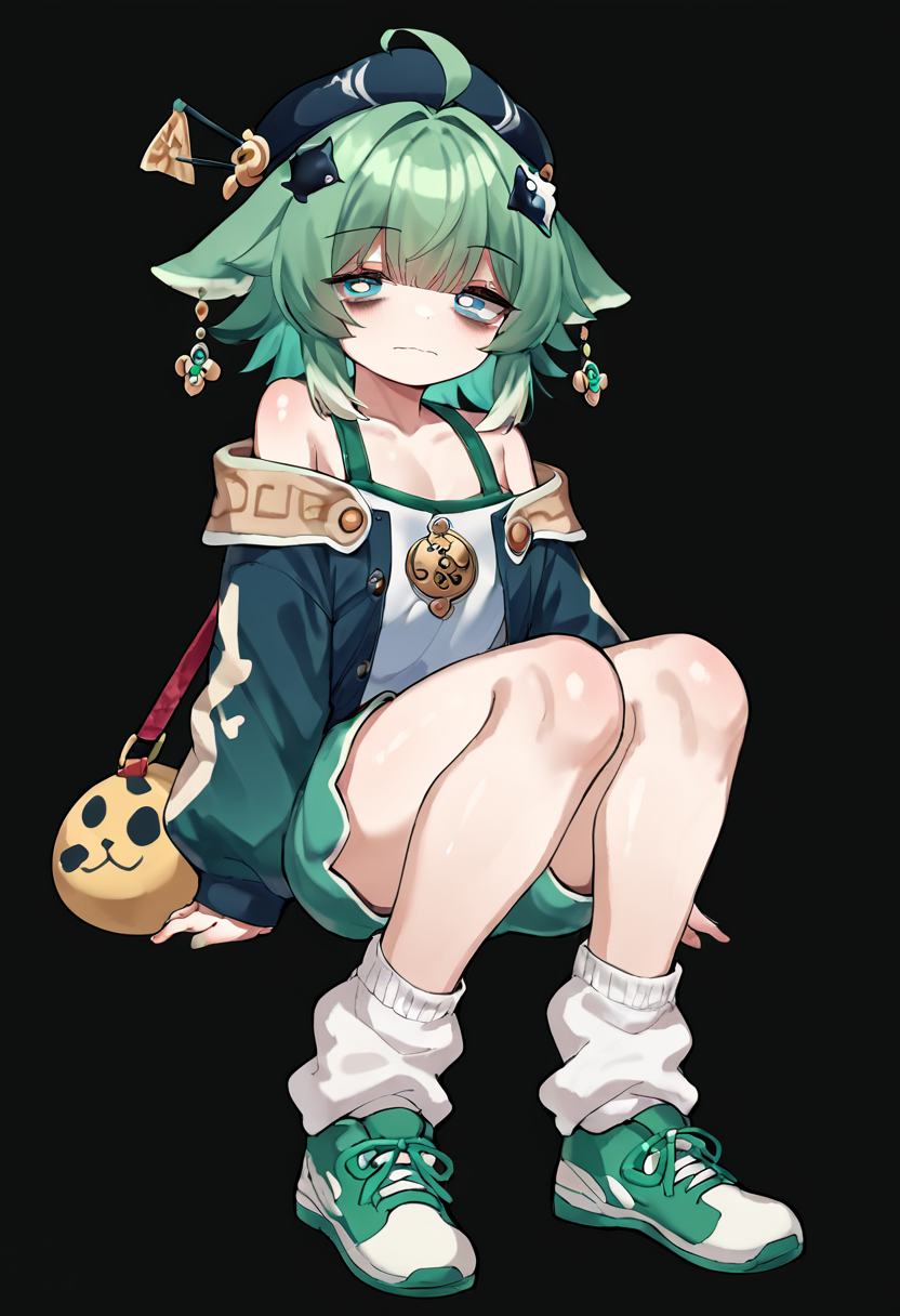<lora:Iyarin_Style_Pony:0.8>,  <lora:huohuo:0.8> hat,  animal ear, green hair, green eyes, blue eyes, hair ornaments, hat ornament,  paw-shaped pupils,  socks,  ahoge,  loose socks, shoes, oversized clothes, jacket, shorts off shoulder, long sleeves, bags under eyes,, score_9, score_8_up, score_7_up, score_6_up, score_5_up, score_4_up,