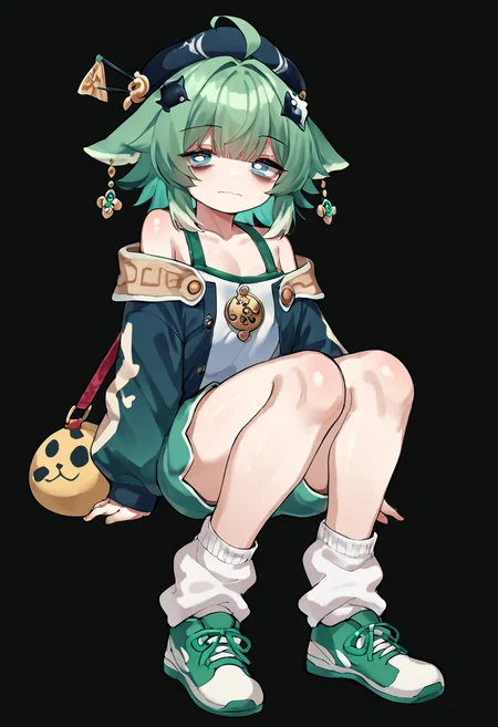 <lora:Iyarin_Style_Pony:0.8>,  <lora:huohuo:0.8> hat,  animal ear, green hair, green eyes, blue eyes, hair ornaments, hat ornament,  paw-shaped pupils,  socks,  ahoge,  loose socks, shoes, oversized clothes, jacket, shorts off shoulder, long sleeves, bags under eyes,, score_9, score_8_up, score_7_up, score_6_up, score_5_up, score_4_up,
