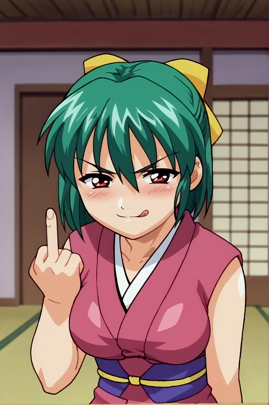score_9, score_8_up, score_7_up,anime_source, source_anime, best background, detailed background, anime screencap,  Yaku, solo, japanese clothes, kimono, solo, black thighhighs, naughty face, blush, smug, pervert, fuck finger, middle finger, tongue out,  indoors,  <lora:JN_Yaku:0.8>