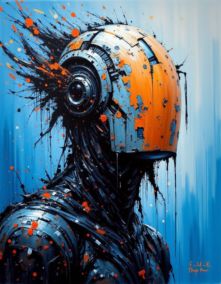 An oil painting in blue, ornge, black, and white colors, depicting a waist-up portrait of a creature with a strange, flat mask that has no visible face. The mask is made of a mix of plastic and metal, giving it a cold, industrial feel. Parts of the mask are covered with patches of mold, adding an eerie, decayed effect. The creature's form is partially obscured by the abstract, textured mask, which contrasts sharply with the background colors. Around the creature, vibrant particles of colorful dust float and scatter, adding a surreal and ethereal quality to the scene. The painting captures the eerie and mysterious nature of the creature, with the unsettling mask, patches of mold, and swirling dust enhancing its dark, enigmatic presence.
<lora:Midjourney_imitation_FLUX:0.5> <lora:calligraphy_ink:1>, In the corner there is a small inscription "fÃ¼ck hue", like the authorâs signature.