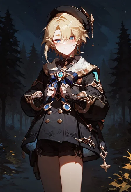score_9, score_8_up, score_8, anime style, score_9, score_8_up, score_8, anime style, source_anime,
1 boy, otoko no ko, trap, androgynous, freminet, genshin impact, solo, 1boy, male_focus, blush, freckles, blonde hair, blue eyes, young, hat, forest background, dark, night, night sky, standing, concept art, realistic, dark theme, low light, <lora:freminetXL-fine:0.8>