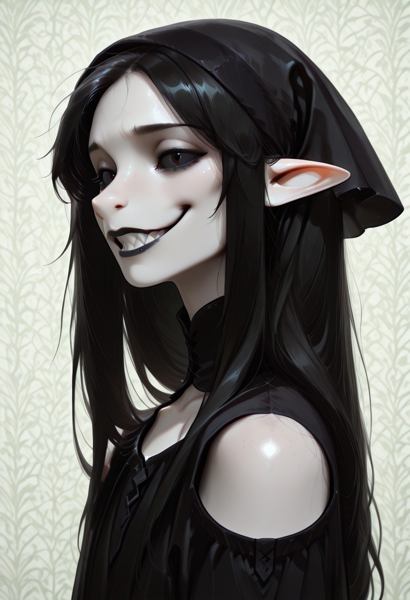 1 person, (lapanya, snout nose:1.2), solo, androgynous, pointy ears, sleek hair, straight hair, long hair, black hair, straight hair, parted bangs, hair over shoulders, ((black sclera, black irises, black pupils)):1.5, (very pale skin, white skin), ((full lips, black lipstick)), black cloak, black headscarf, low collar, collarbone,
(Grinning, sharp teeth, detailed teeth), looking at viewer,
Medieval style, Smooth colors, detailed face, smooth skin, smooth nose, organic cavern background, clean lines, high quality, best quality, masterpiece, rating: safe, source: semi-realistic,