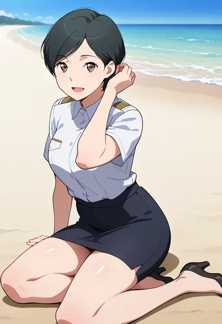 masterpiece, best quality, amazing quality, very aesthetic, absurdres, newest, illustration, perfect composition, intricate details, highres, anime coloring, 1girl, solo, kaoruww, mature female, brown eyes, black hair, short hair, military, uniform, white military shirt, short sleeves, black pencil skirt, black high heels, <lora:Mizusaki_Kaoru_Aldnoah_Zero_ill_v1.1:1>, sitting, yokozuwari, hair tucking, adjusting hair, floating hair, wind, looking at viewer, smile, open mouth, outdoors, day, beach, ocean, shiny body, shiny skin, skindentation, clear skin, shiny hair, ultra detailed eyes, depth of field, sharp, intricate details, hyperdetailed, ultra-detailed, detailed clothing folds, high contrast, dynamic light