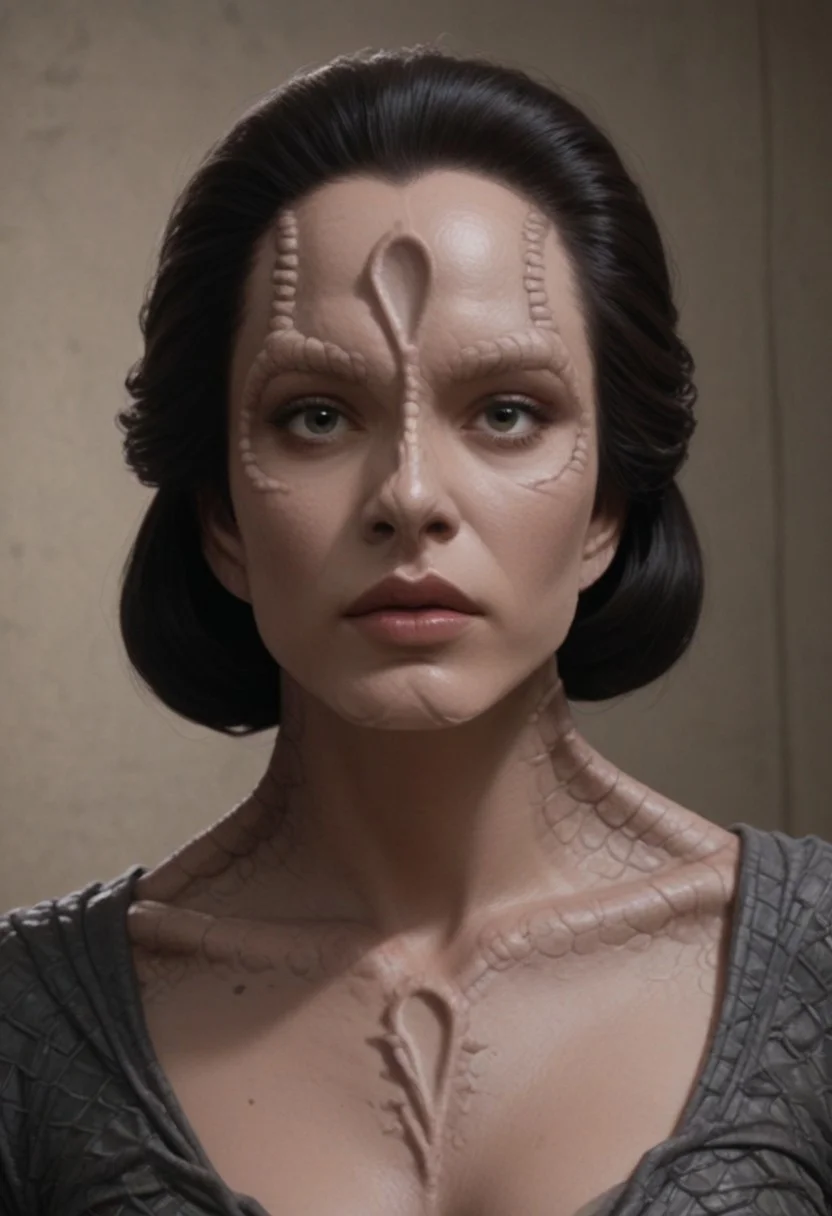score_9, score_8_up, score_7_up, score_6_up, rating_explicit, (realistic), high resolution, solo, beautiful face, perfect eyes, c4rd45514n alien, forehead crest, (grey skin), ridges, scales, black hair, slicked back hair, black armor, scheming, plotting, holding a futuristic pistol, on a grey space station