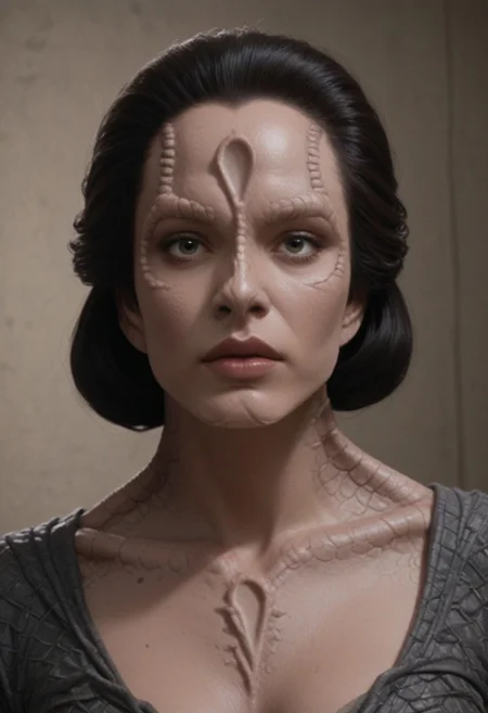 score_9, score_8_up, score_7_up, score_6_up, rating_explicit, (realistic), high resolution, solo, beautiful face, perfect eyes, c4rd45514n alien, forehead crest, (grey skin), ridges, scales, black hair, slicked back hair, black armor, scheming, plotting, holding a futuristic pistol, on a grey space station
