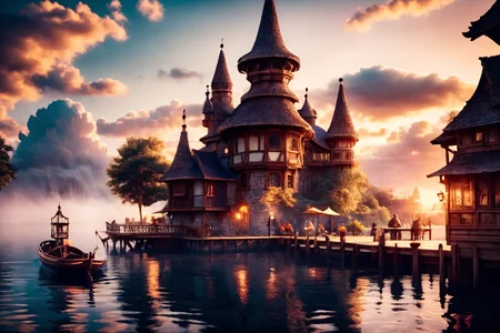 <lora:HarborAndDocks:0.8> hado, outdoors, temple, watercraft, building, clouds, docks, water, morning light, mystical, runes, magical, energy, wooden, OverallDetail, epiCPhoto, <lora:Wizard_Tower:0.6> witow, tower, castle