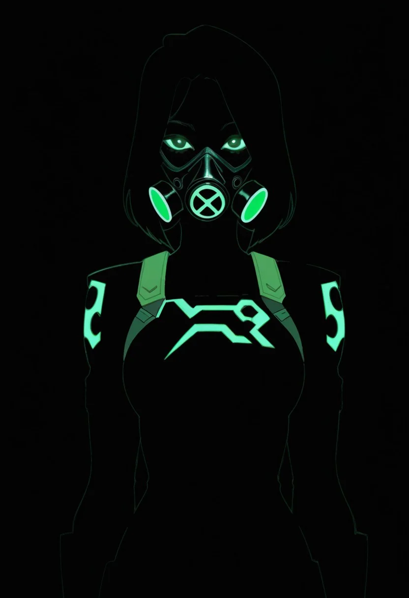 high contrast, looking at viewer,
1girl, short black hair, black gas mask, valorant uniform, glowing green neon tubes, poison, neon, blend_in, black background,