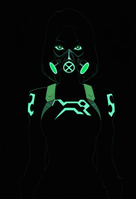 high contrast, looking at viewer,
1girl, short black hair, black gas mask, valorant uniform, glowing green neon tubes, poison, neon, blend_in, black background,