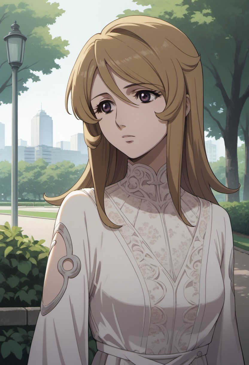 score_9, score_8_up, score_7_up, source_anime,  mori yuki, dirty-blonde hair, long hair, purple eyes, 1girl, solo, dress, park, outdoors