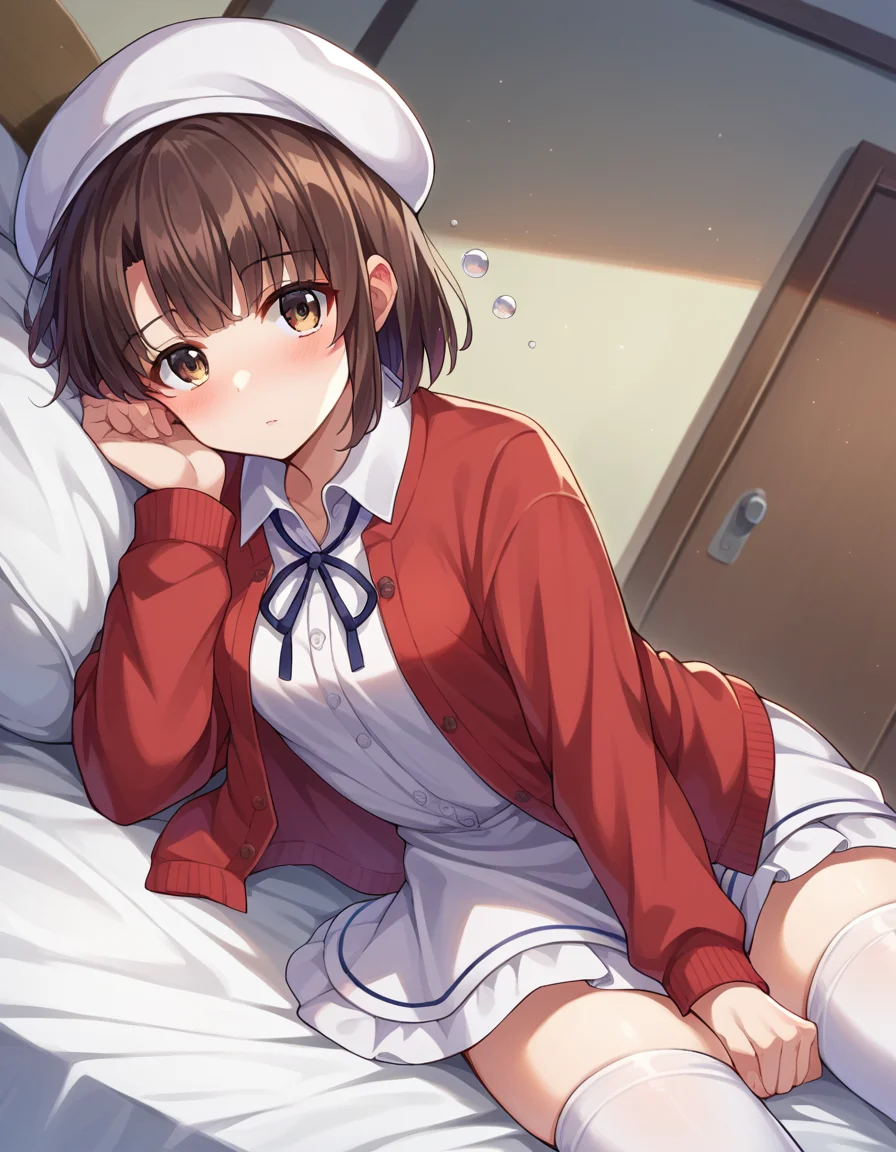 score_9, score_8_up, score_7_up, source_anime,
megumikatou, <lora:megumi-katou-ponyxl-lora-nochekaiser:1>
megumi katou, brown hair, brown eyes,
short hair, hat, jacket, long sleeves, thighhighs, white headwear, white thighhighs, dress, white dress, red jacket, white hat, open cardigan, open clothes,
indoors, bed, bed room, on side, blush, drunk,
looking at viewer, dutch angle, cowboy shot,