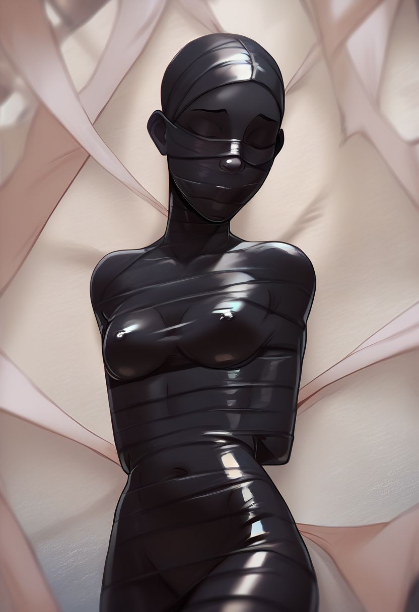 lilandavastyle, Expressive, (score_9, score_8_up, score_7_up), 1girl, solo, mummification \(bound\), restrained, spider web, black latex bandages, latex, shiny, black, gag, gagged, blindfold, blindfolded,